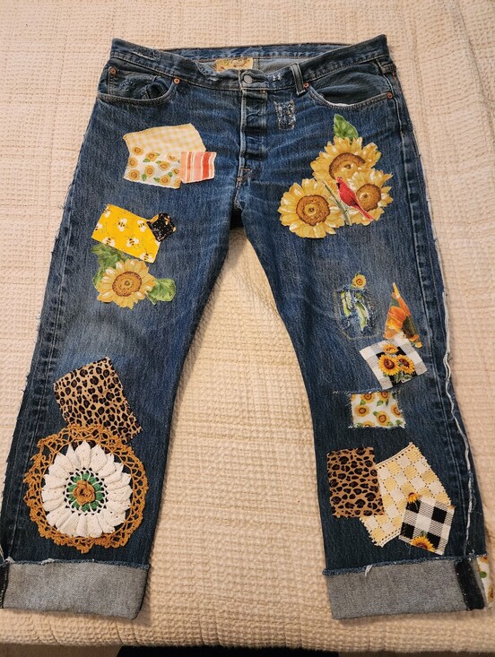 Levi's Denim - Levis 501 Upcycled Embellished Sunflower Patchwork Women’s Jeans Waist 20" Boho